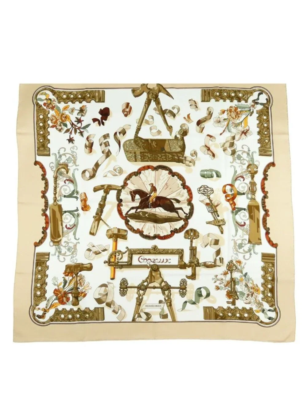 Hermes Carre 90 Beige Brown Silk Copeaux Sawdust Horse Pattern Tool Scarf